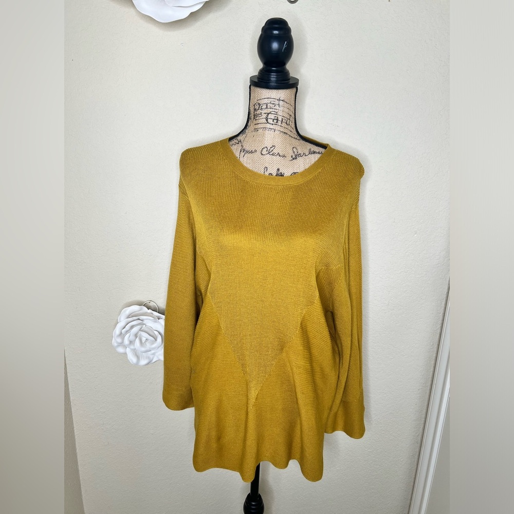 NTM Cliché Mustard Wool Blend Ribbed Sweater 3/4 Bell Tie Sleeves Pullover Sz XL